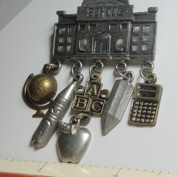 Vintage Brooch Silver Tone School House Pin with Charms - Picture 4 of 5